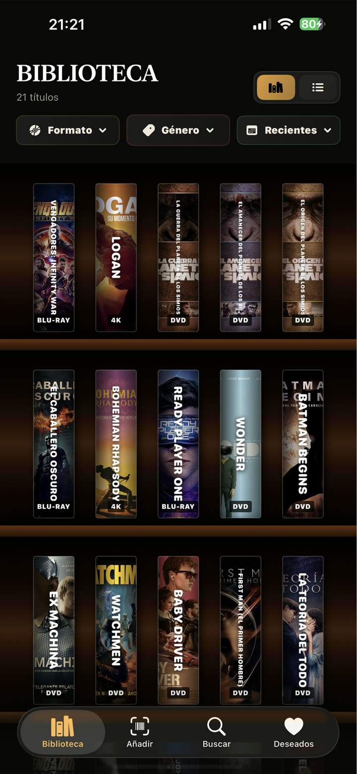 FilmSpine mostrando una biblioteca visual de películas en DVD, Blu-ray y 4K UHD