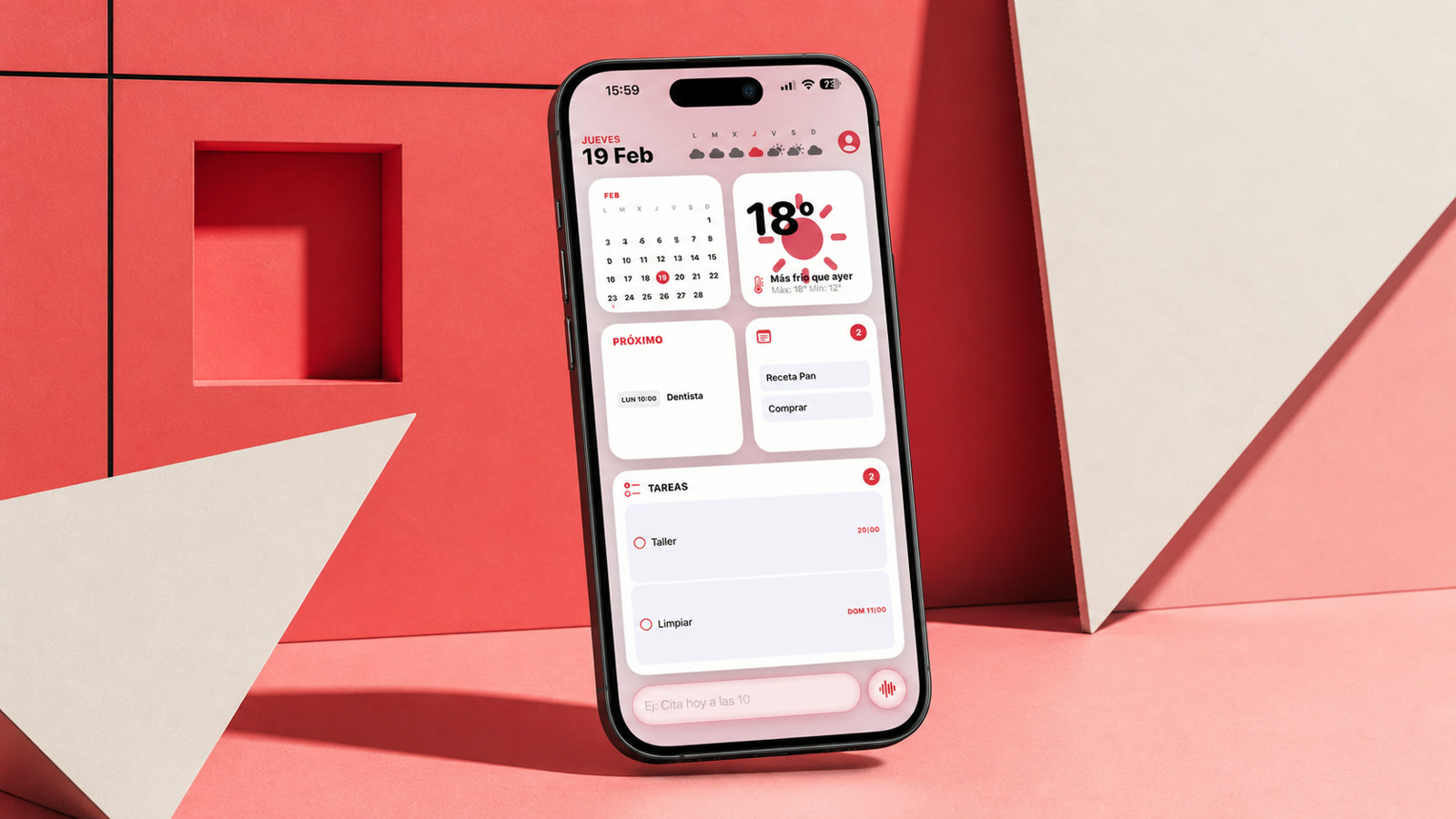 MyDash en un iPhone sobre una composición brutalista roja, rosa, blanca y negra