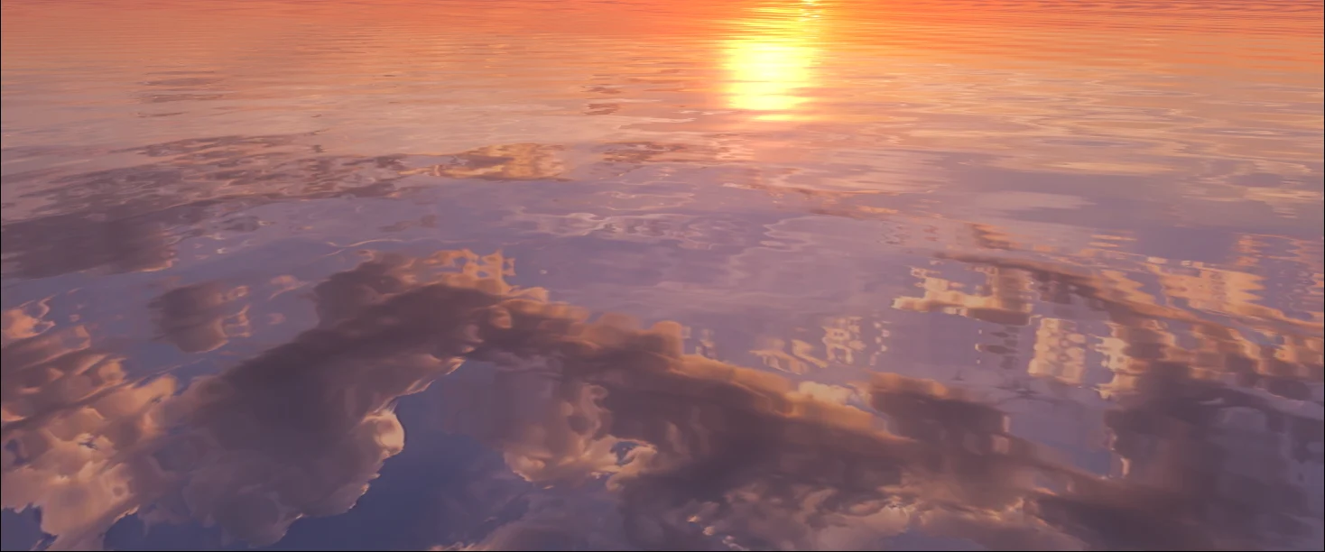 Nubes rosadas y luz de atardecer reflejadas en una superficie de agua